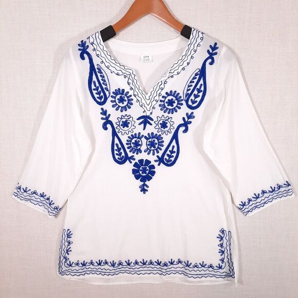 Sita Women's Floral Embroidered Tunic Size Small White 100% Cotton 3/4 Sleeve - Picture 9 of 13